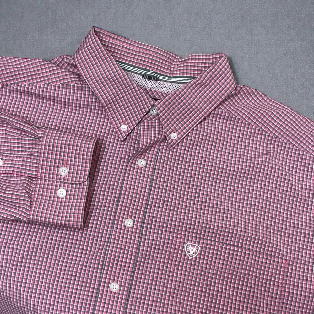 Ariat Pro Series Button Down Shirt Mens Pink/Gray Plaid Long Sleeve Size XXL